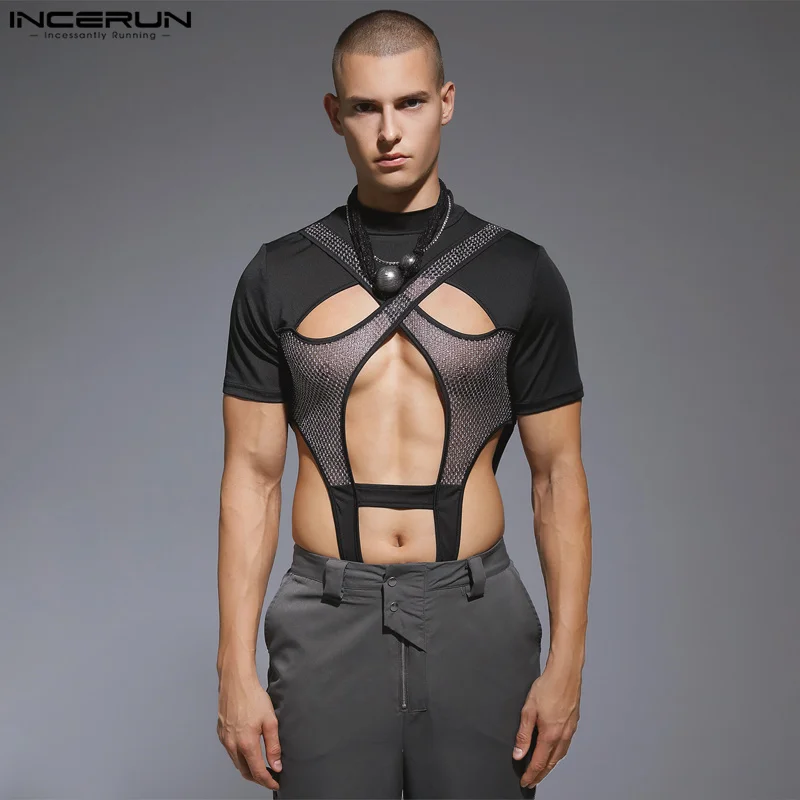 

INCERUN Men Bodysuits Mesh Patchwork Hollow Out Sexy Rompers O-neck Short Sleeve 2023 Transparent Fashion Male Bodysuit S-3XL 7