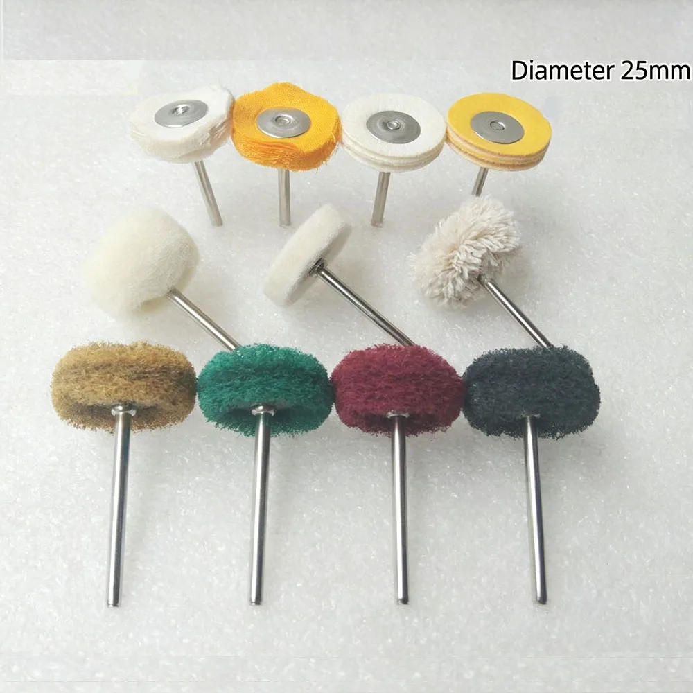 JNSUR 10pcs 2.35*25mm Dental Polishing Brushes, White/Yellow Leather Cloth Wheel, Wire Wheel, Wool Felt, Fleece & Small Brush