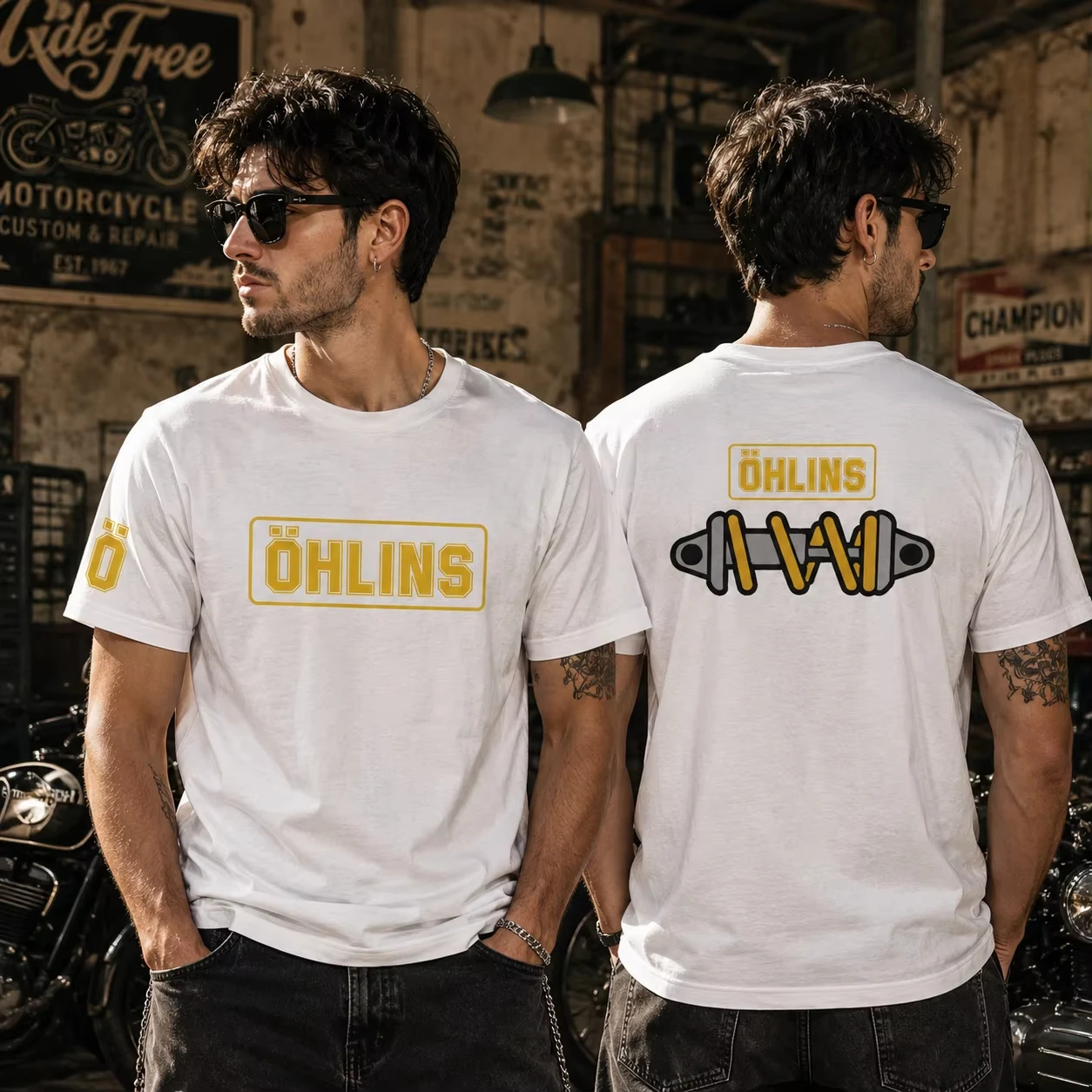 OHLINS Motorcycle Shock Absorber Modified T-shirt Clothes Casual Trendy Brand Men's Women's Car Club Crew Neck Short-sleeved Top