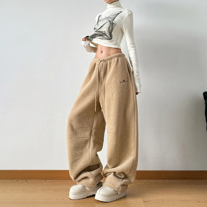 

2025 Korean Fashion Women's Winter Thick Plush Loose and Warm Casual Khaki Straight Leg Casual Pants Female Clothing