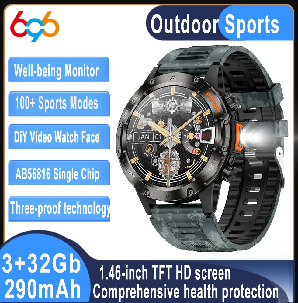 

DIY Video Dial Outdoors Smartwatch LED Flashlight Smart Watches Men 100+ Sports Modes Waterproof Blue Tooth Call Health Monitor