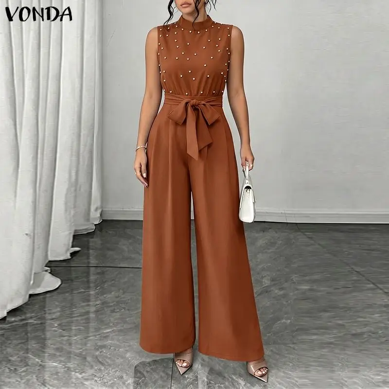 Summer VONDA Sleeveless Women Jumpsuits Fashion Solid Color Wide Leg Pants Fashion OL Work Party Overalls Playsuits Streetwear