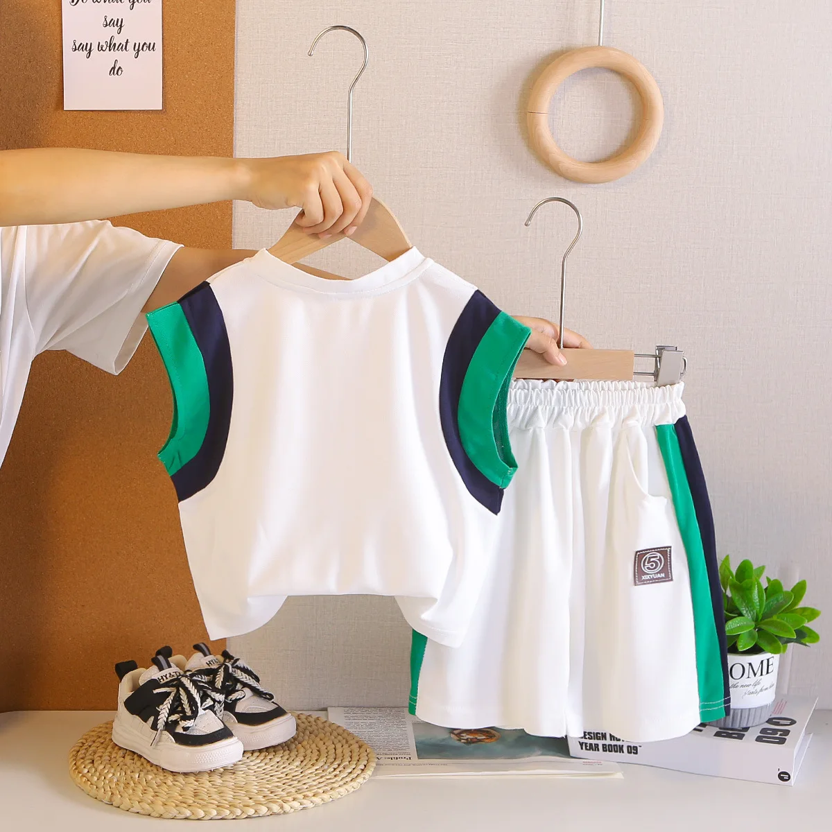 Summer Baby Boys Casual 2pcs Suit Color Block Sleeveless Vest and Elastic Waist Sports Shorts Kids Fashion Outfit 0-5 Years Old