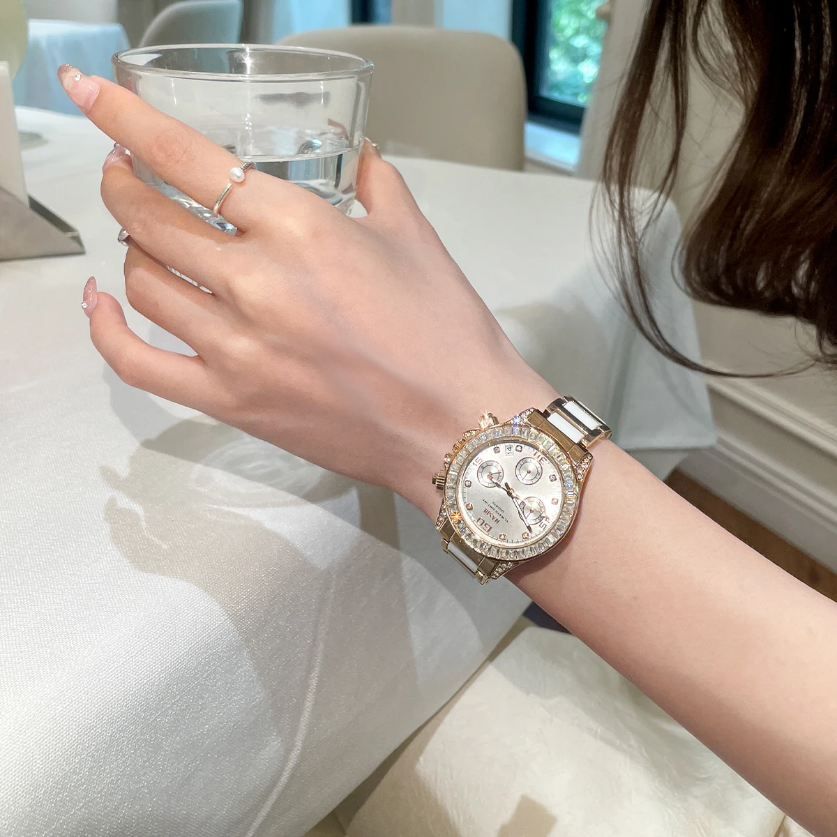 Rhinestone Rose Gold Large Dial Women Watch, Chronograph Steel Band Luxury Versatile Business Waterproof Ladies Quartz Wristwatch
