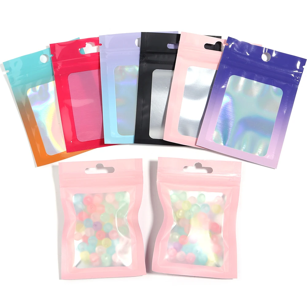 20pcs Holographic Laser Color Bags Clear Plastic Pouch For DIY Jewelry Retail Storage Container Display Packaging Opp Bag