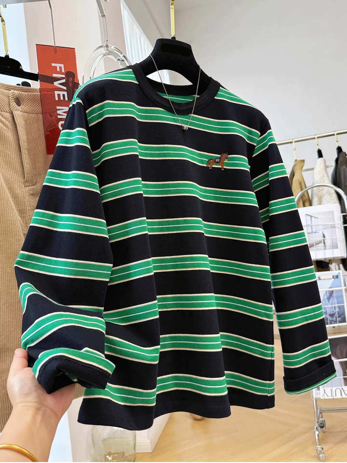 

Свободная длинная полосатая футболка све, весенне-осенний винтажный топ для похудения, корейская версия, повседневный креативный узор