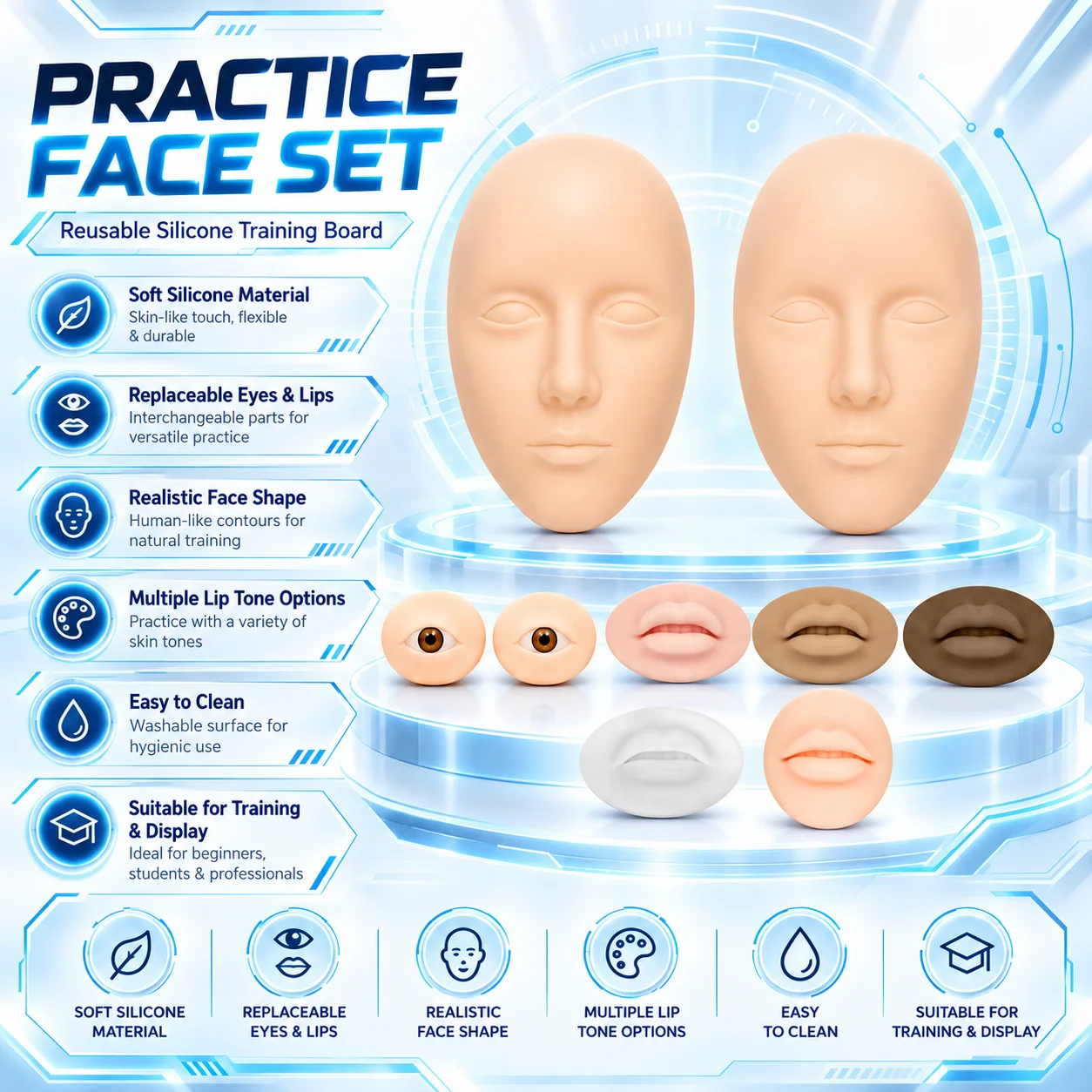 Audersigt 5D Silicone Tattoo Practice Head Mannequin Face for Permanent Makeup Eyebrow Lip PMU Training