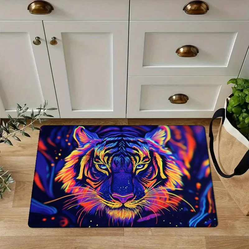 Flannel Thickness 0.47inch - 1pc Neon Tiger Pattern Door Mat, Colorful Neon Lines, Tiger Image, Modern Art Style Printed Non-Sli
