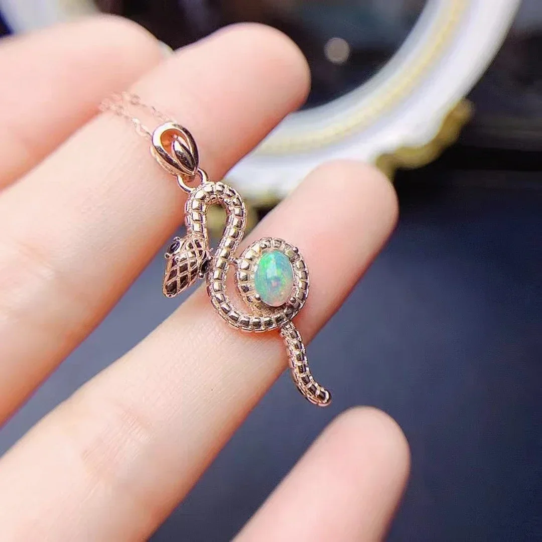 Natural 4*6 Opal Viper Pendant Necklace S925 Pure Silver Fine Fashion Charm Exotic Style Jewelry Gift for Women