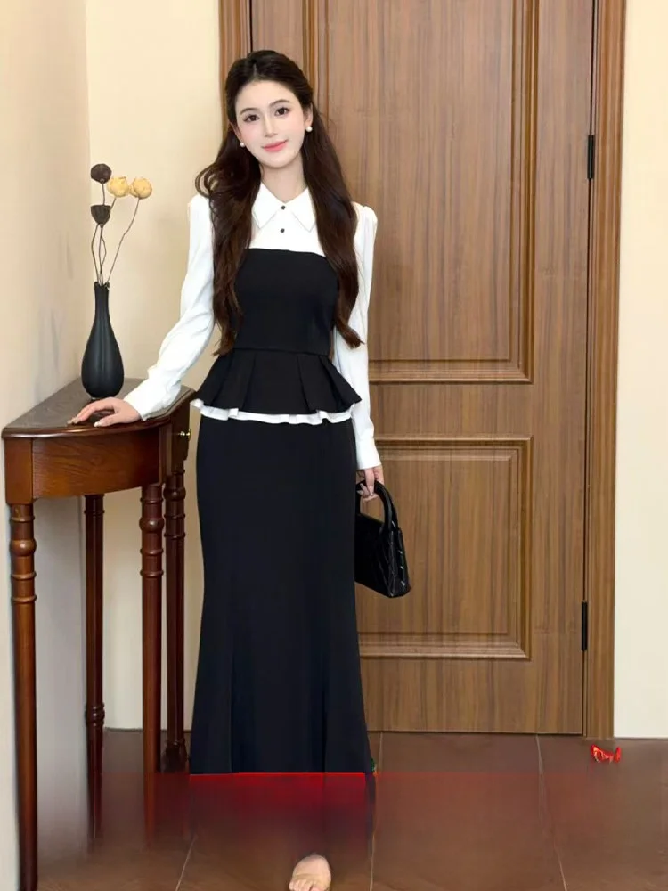 

LILI Soft Sle Color Blo White Irt And Fi Tail Юбка Комплект для женщин Осенняя модная одежда Полиэстер Длинный све