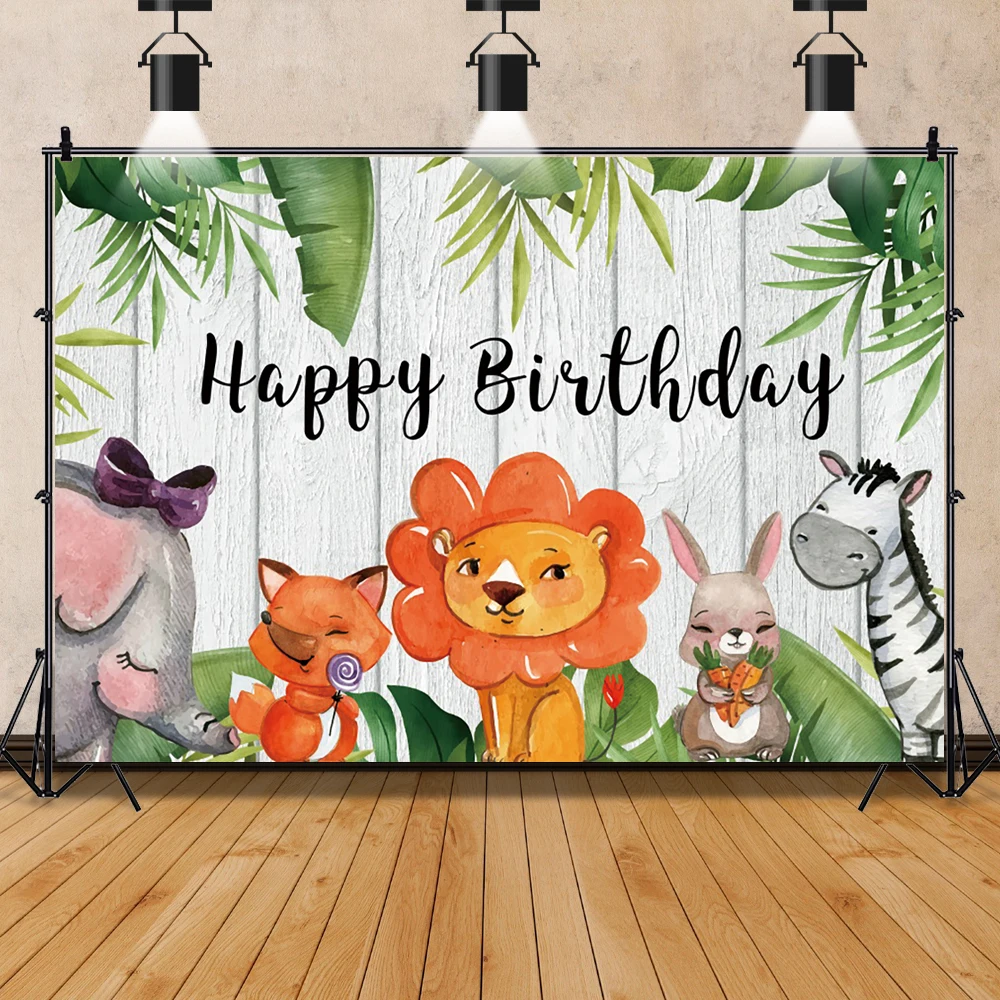 

Happy Birthday Cartoon Animals Safari Photo Background Custom Wooden Jungle Forest Leaves Wild One Party Backdrops Table Banner