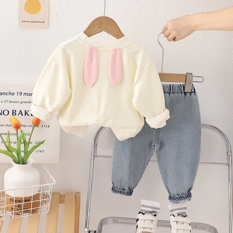 Spring Autumn Baby Girls Clothing Sets Children Long-sleeve T-shirt Jeans 2 Pieces Suit Cartoon Rabbit Infant Casual Sportswear