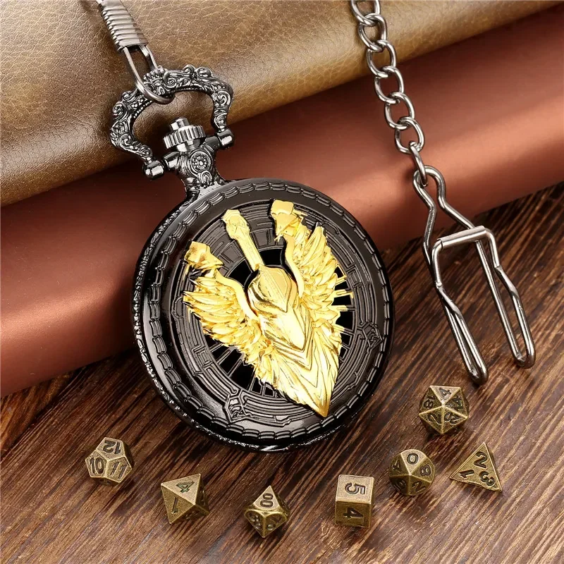 

Steampunk 7pcs Metal Polyhedral Dice Dragon Role Play Gaming Dices with Knight Pocket Watch Case FOB Chain