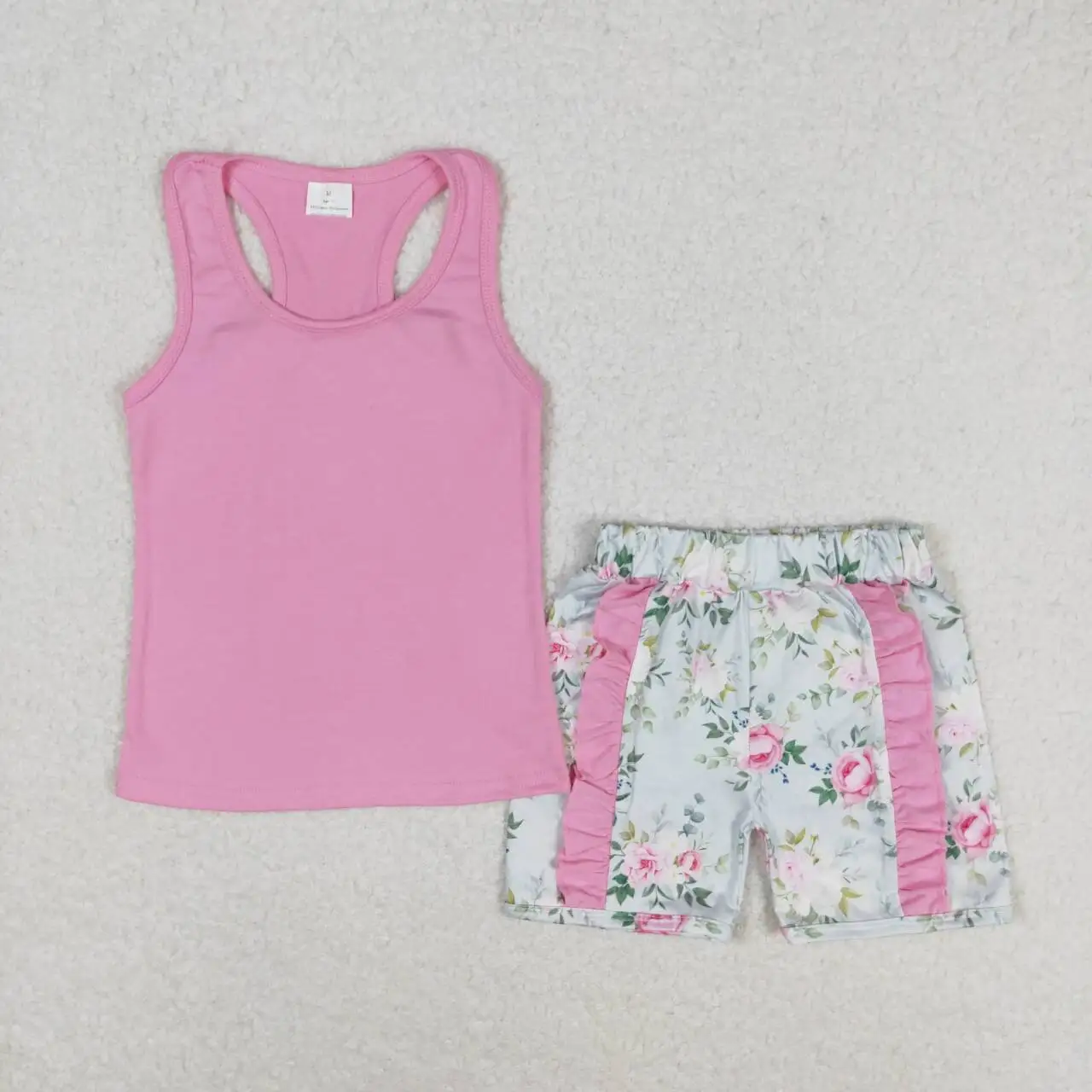 Wholesale Infant Floral Outfit Clothes Baby Girl Summer Sleeveless Purple Pink Shirt Toddler Kids Flower Shorts Children Set