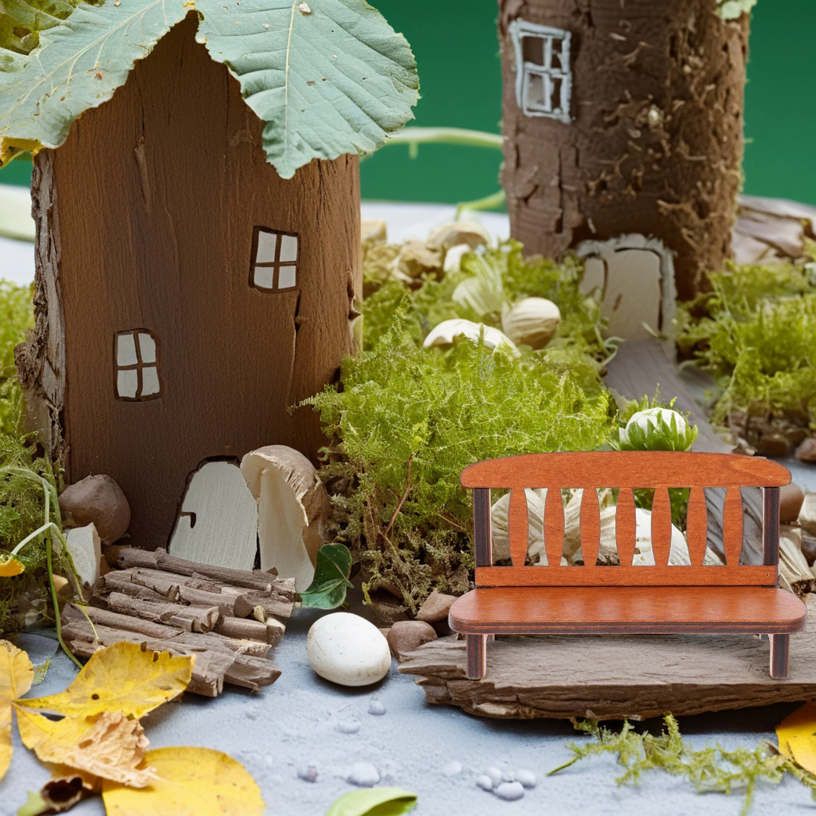 1pc Furniture Wooden Bench Ornaments Chair Model Photo Prop Miniature Settee Green Office Home Decor Vintage Craft Adorable