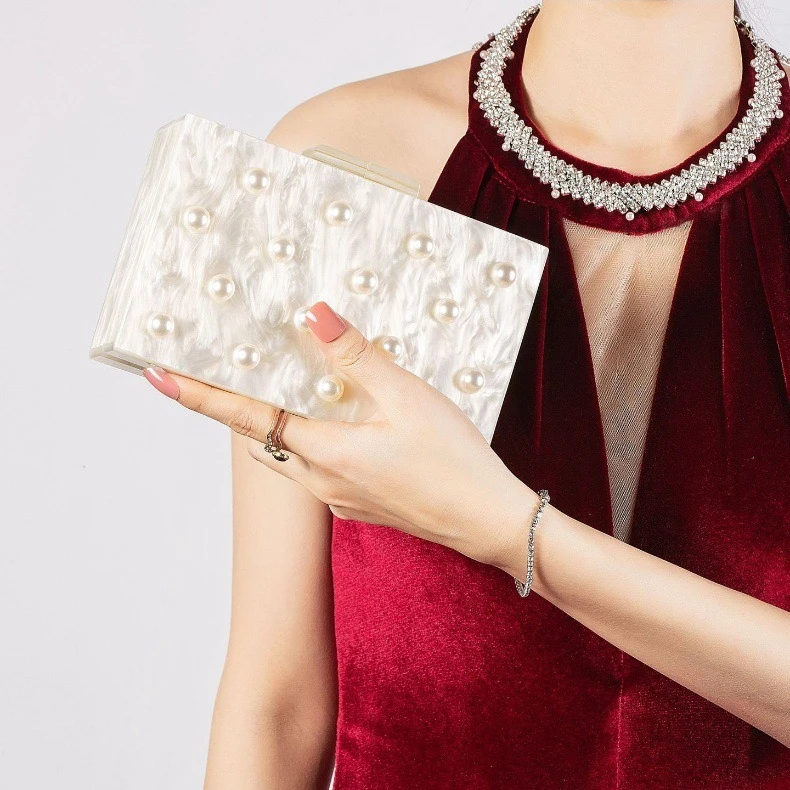 

New Fashionable Women's Pearl-Embellished Single-Shoulder/Crossbody Square Shell Acrylic Evening Clutch Handbag