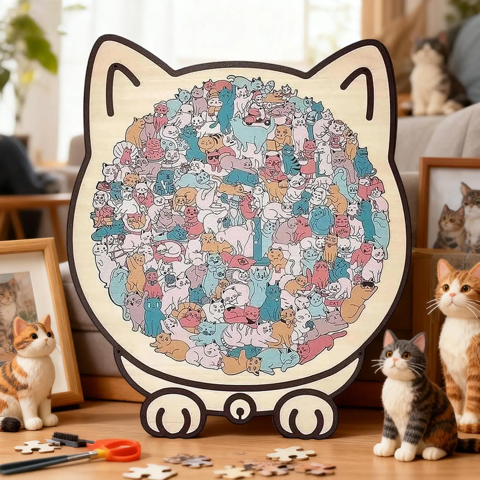 Katzen-Holzpuzzle, 135 Teile, langlebig, präzise Dekoration, Holz, herausforderndes Puzzle für Katzenliebhaber, Zuhause, Regal, Familie, Freunde