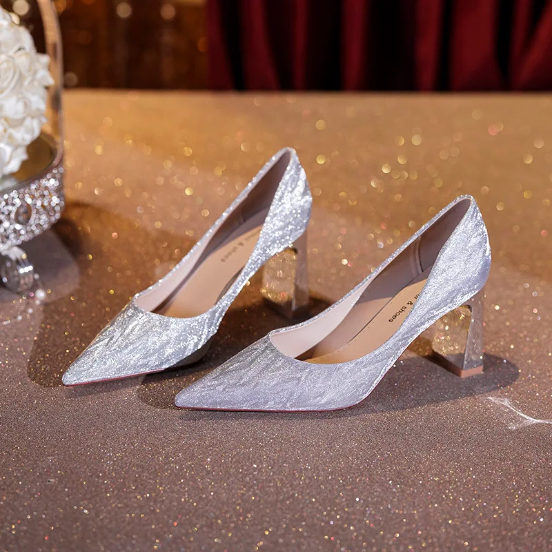 

High heels, women's sequins, bridesmaid shoes, wedding shoes, thick heels, pointed toes, temperament, single shoe women
