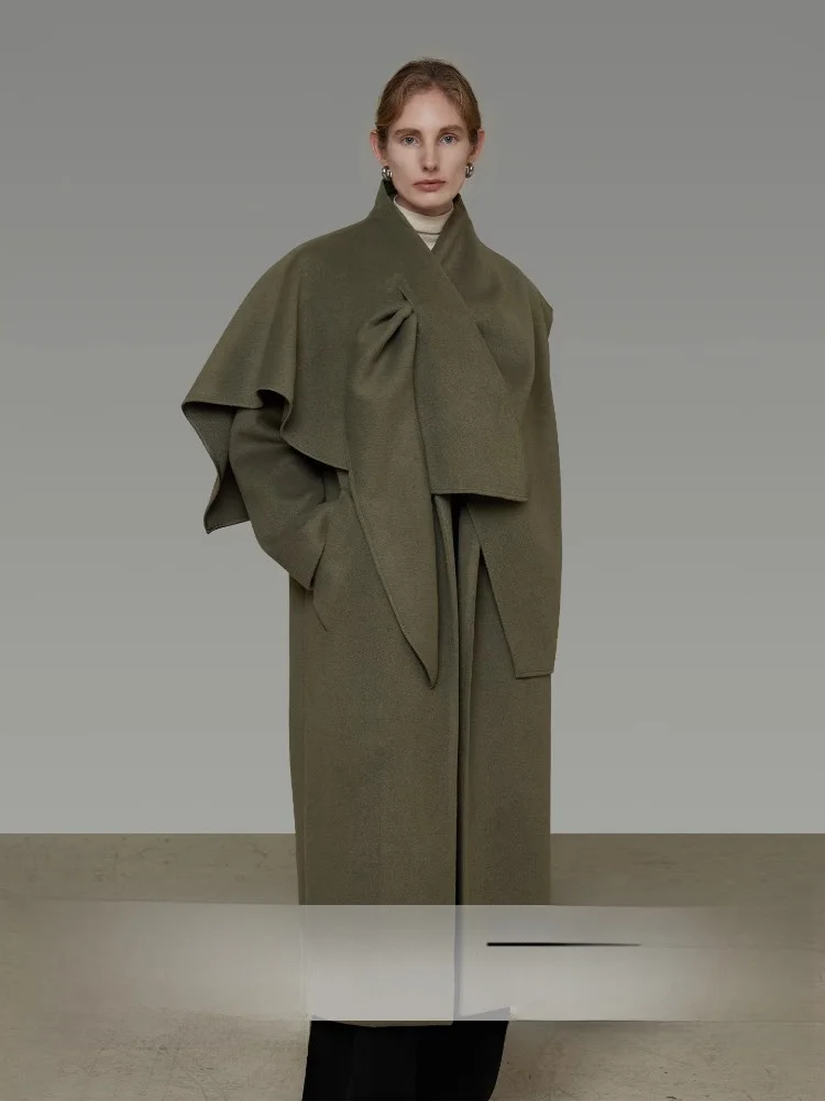 

Unspoken Women's Double-breasted Woolen Coat Simple Design Loose Fit Winter Outerwear Ele Long Sve Pure Color Jaet