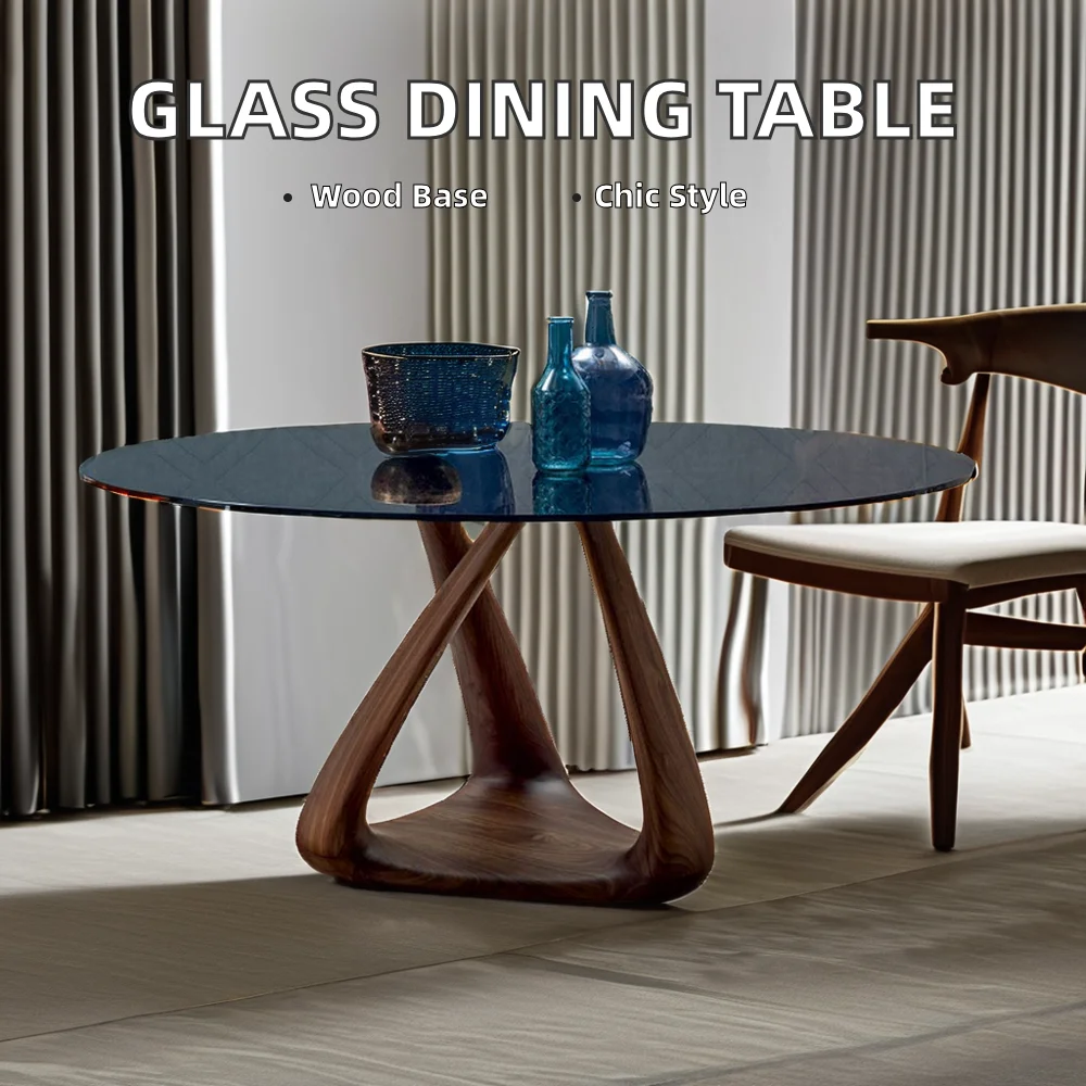 Modern Style Solid Wood Leg Dining Table With Tempered Glass Set for Home Office Hotel Use Factory Hot Sale