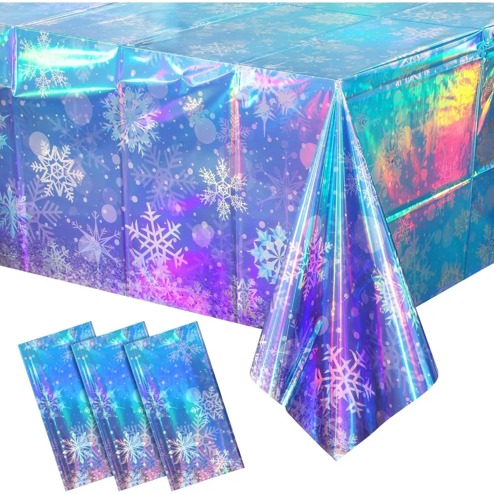 

3 Pack Iridescent Winter Snowflake Plastic Tablecloth Decorations, Holographic Blue and Purple Snowflake Winter Wonderland Dispo