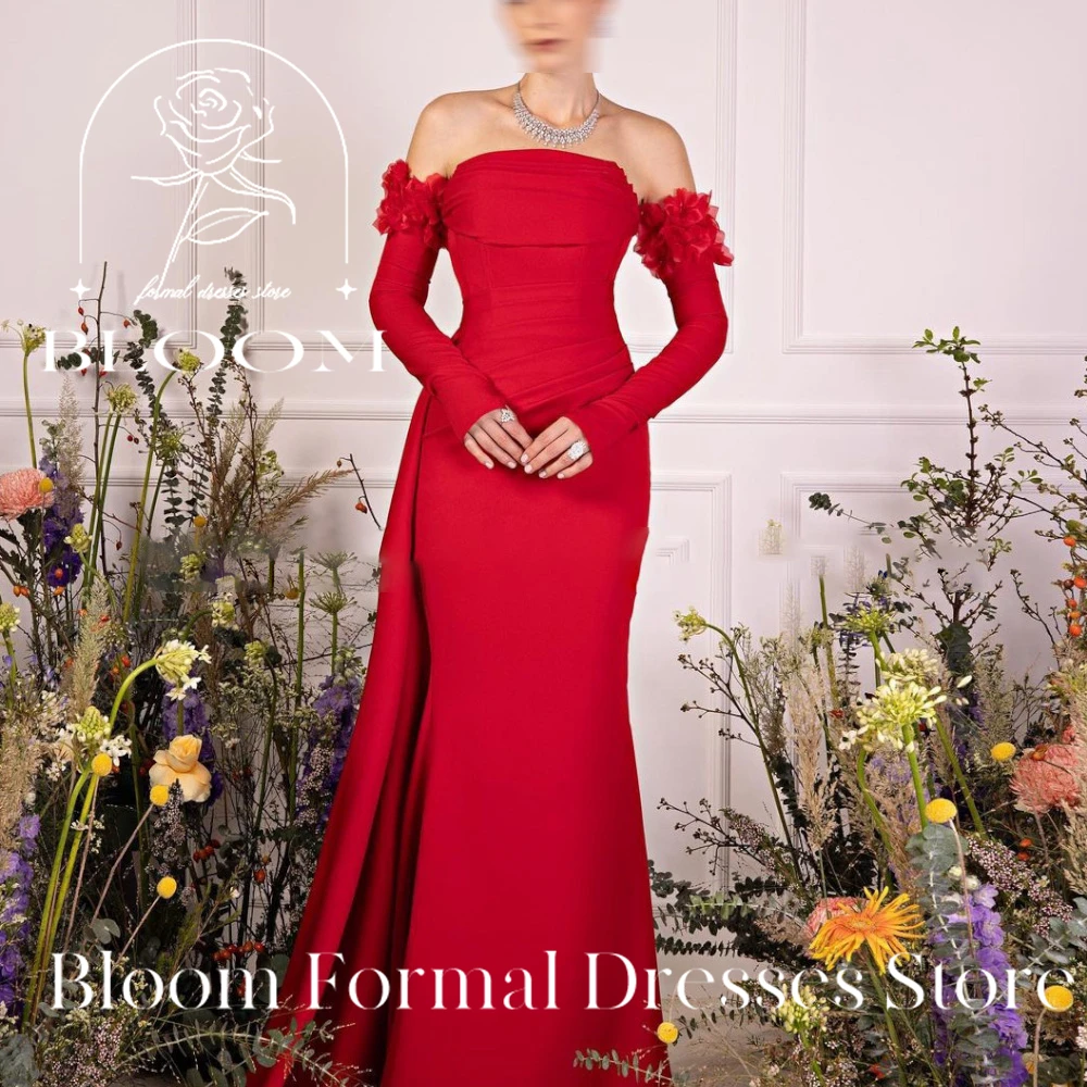 

Bloom Customized Appliques Long Sleeves Elegant Women Evening Dresses Backless Off Shoulder Mermaid Formal Wedding Dress Prom