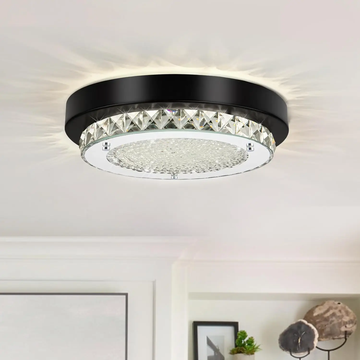 

Потолочный светильник Crystal Flush Mount, 10-дюймовый круглый светодиодный светильник для прихожей, ванной комнаты, кухни, входной зоны, черный, современный дизайн