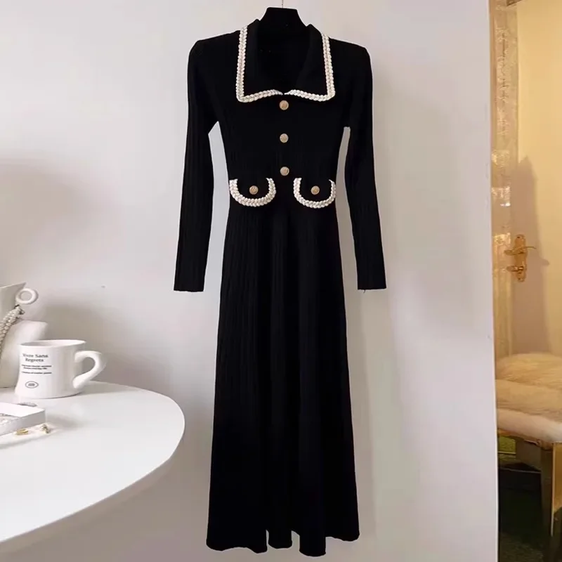 Contrast High Waist Vestidos Mujer Small Fragrance Women Dresses Korean Knitted Dress Long Sleeve Vestido 2024 Button Robes