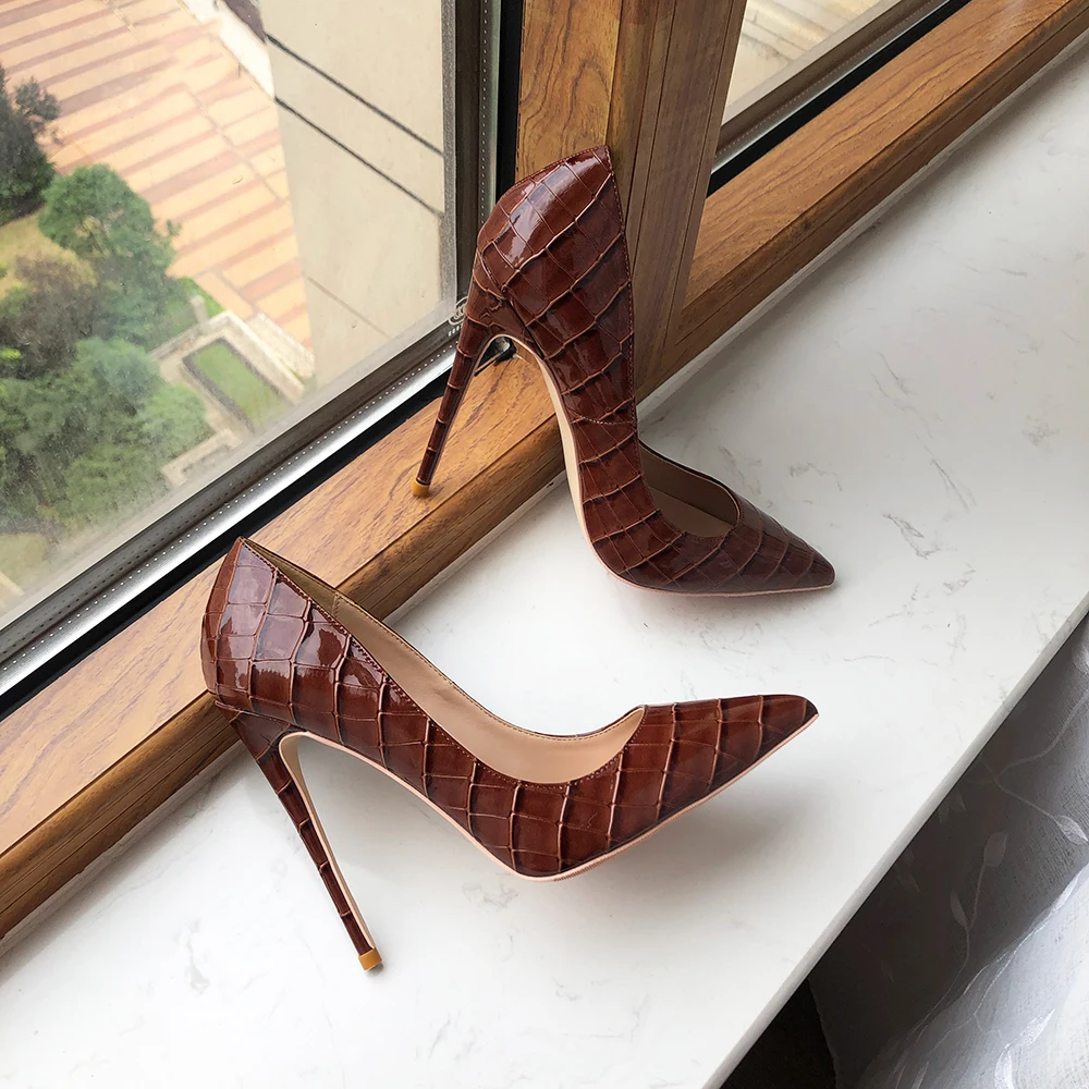 Tikicup Coffee Brown Crocodile Effect Women Pointy Toe High Heel Party Shoes Soft Comfortable Sexy Stiletto Pumps Plus Size