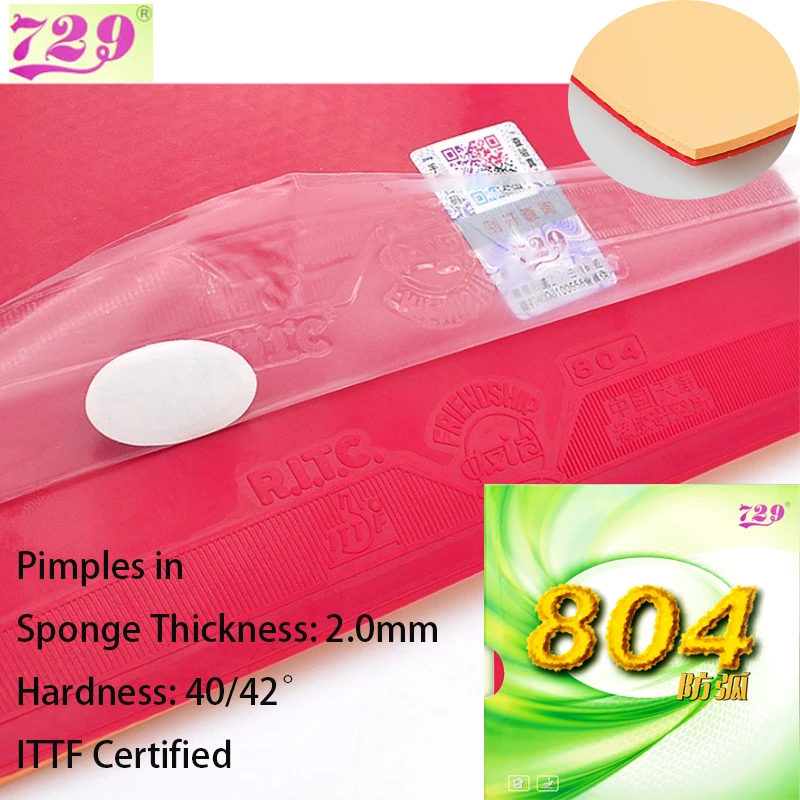 

729 Friendship 804 Настольные теннисные шипы в твердости губки 40/42 ° Резиновый лист для пинг-понга, толщина губки 2,0 мм, защита