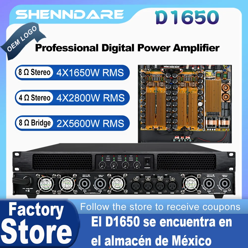 Amplificador de potencia de audio digital Profesional 4 canales 4x1650w Clase D Subwoofer Preamplificador DJ Audio Line Array Altavoz AMP 1U Estéreo Amplificador de sonido Sistema de procesador Escenario Rendimiento