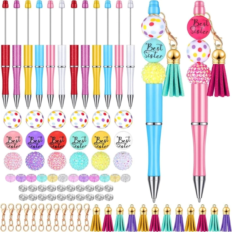 

86Pcs DIY Bead Ballpoint Pen Set, Including Beads, Hooks, and Colorful Tassels for Kid Adult Christmas Gift D5QC