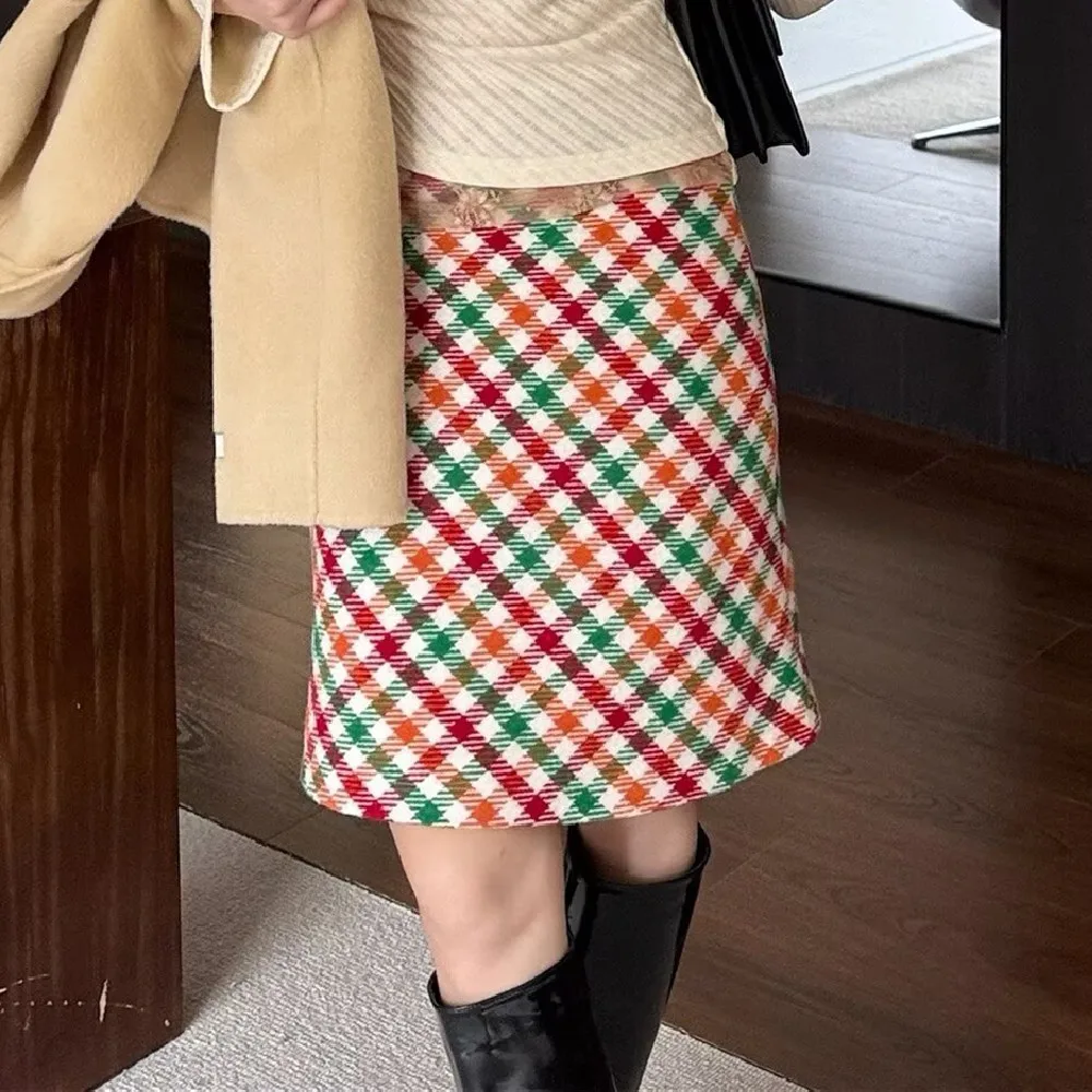 

2 colors Autumn High Waist Tweed Colored Plaid Skirt Women Side Zipper A lined Knee Length Long Skater Party Femme