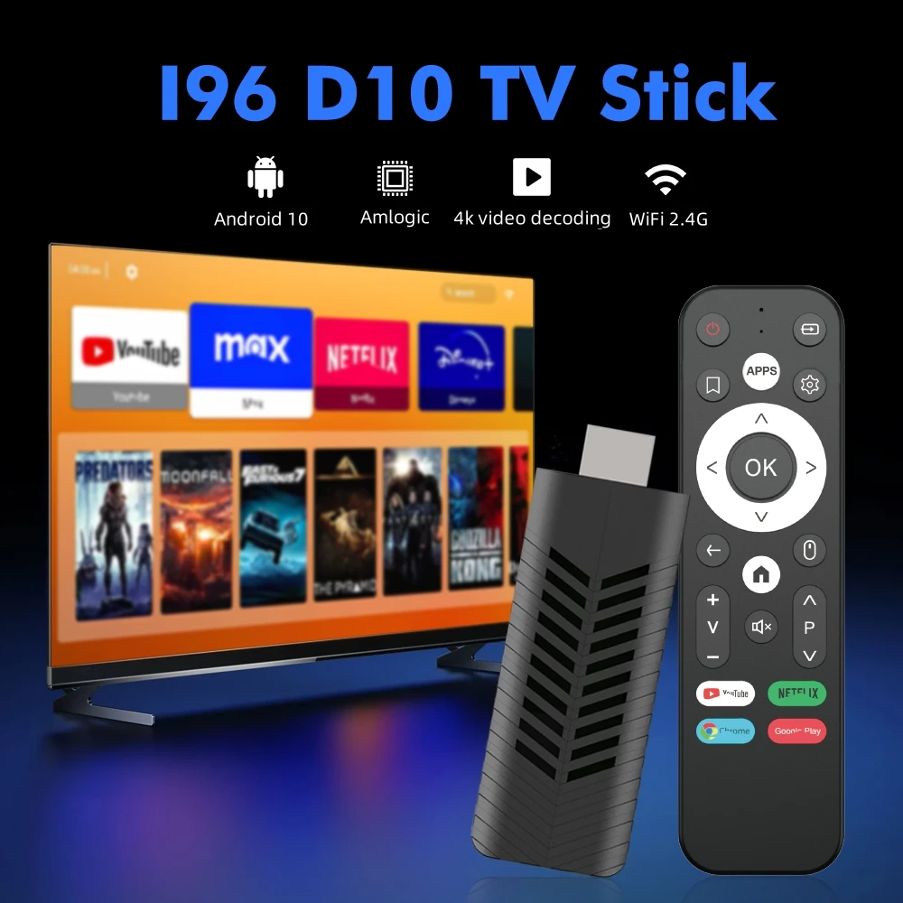 Velec I96 D10 Smart TV Stick Android 10 Support HD 4K Video WiFi Remote Smart TV Box Media Player for Google YouTube NETFLIX