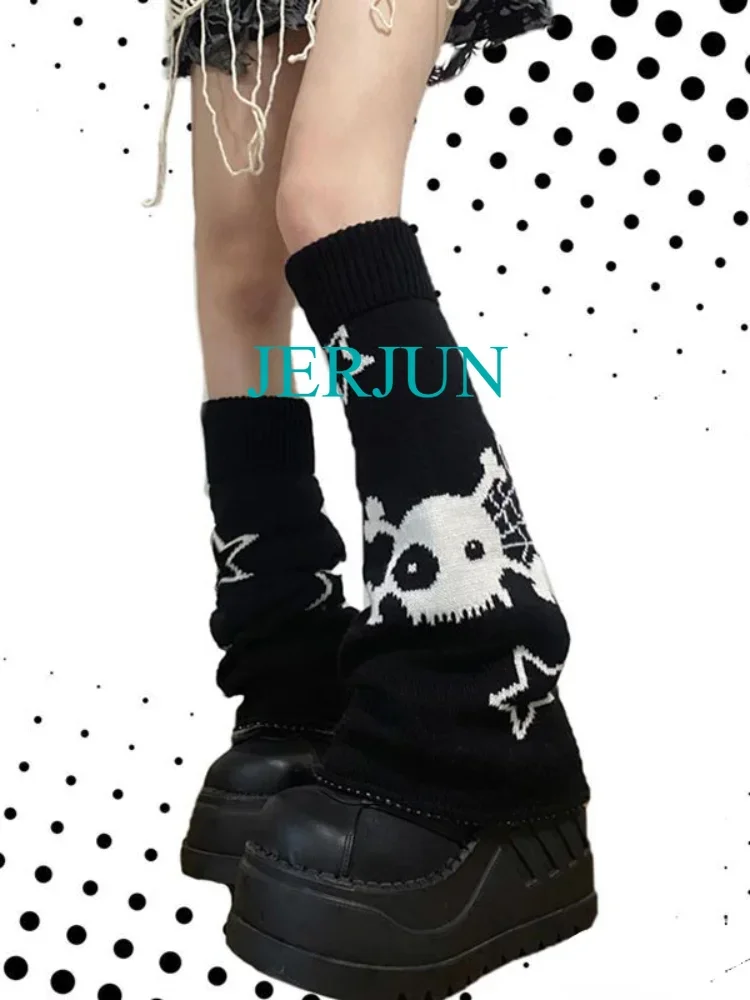 

Leg Warmers Y2k Star Harajuku Skull Black White Knitted Two-side Wear Leg Warmers Socks Punk Girls Chic Streetwear Leg Cover