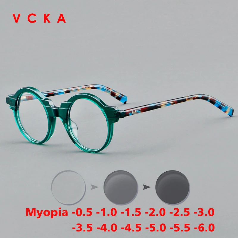 

VCKA Retro Acetate Myopia Anti-blue Discolor Glasses Frames Women Men Custom Optical Prescription Luxury Eyewear -0.5 to -10