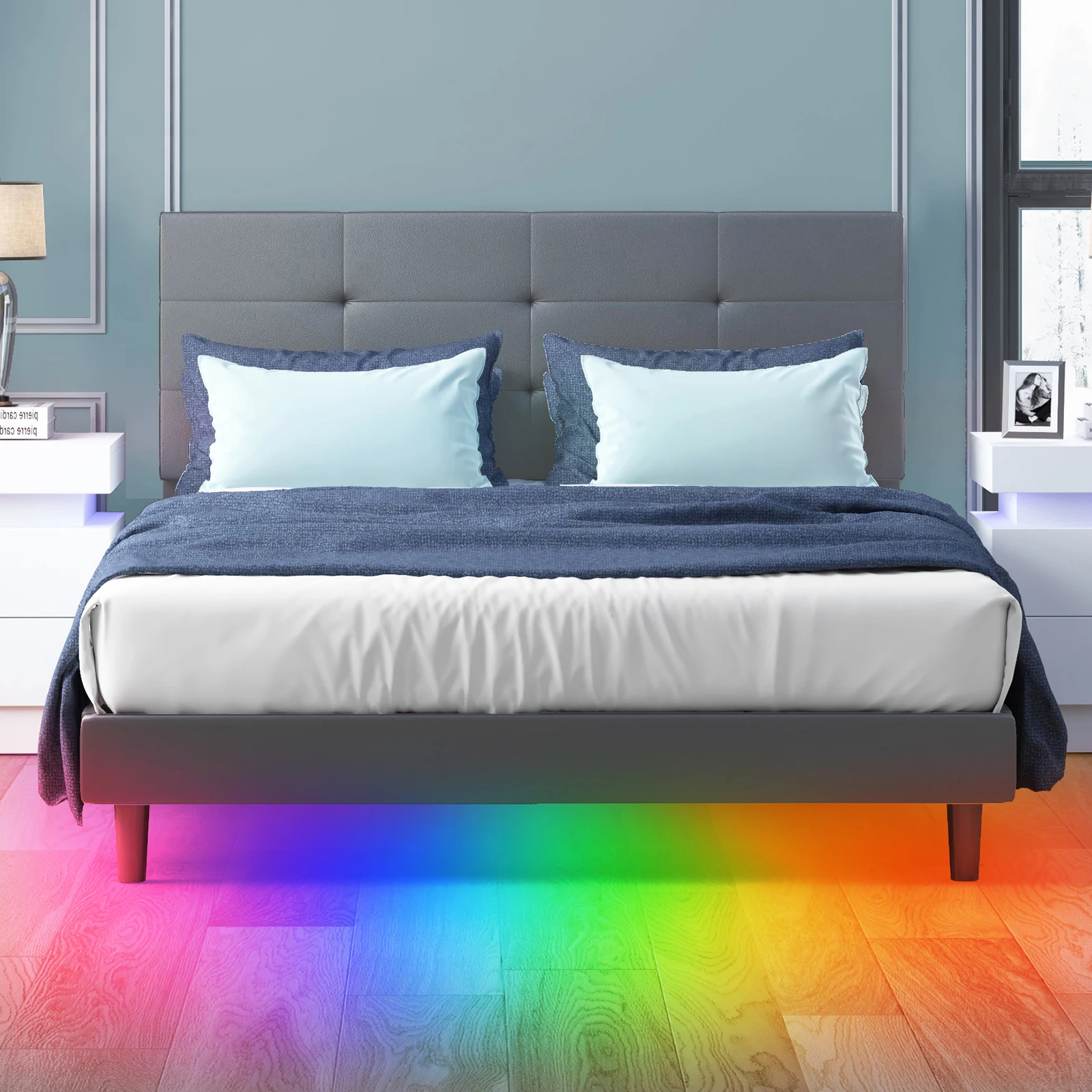 HORGAEO LED Bed Frame/Upholstered Platform Bed Frame with RGB Led Lights&Works with Alexa Or APP/Adjustable Headboard