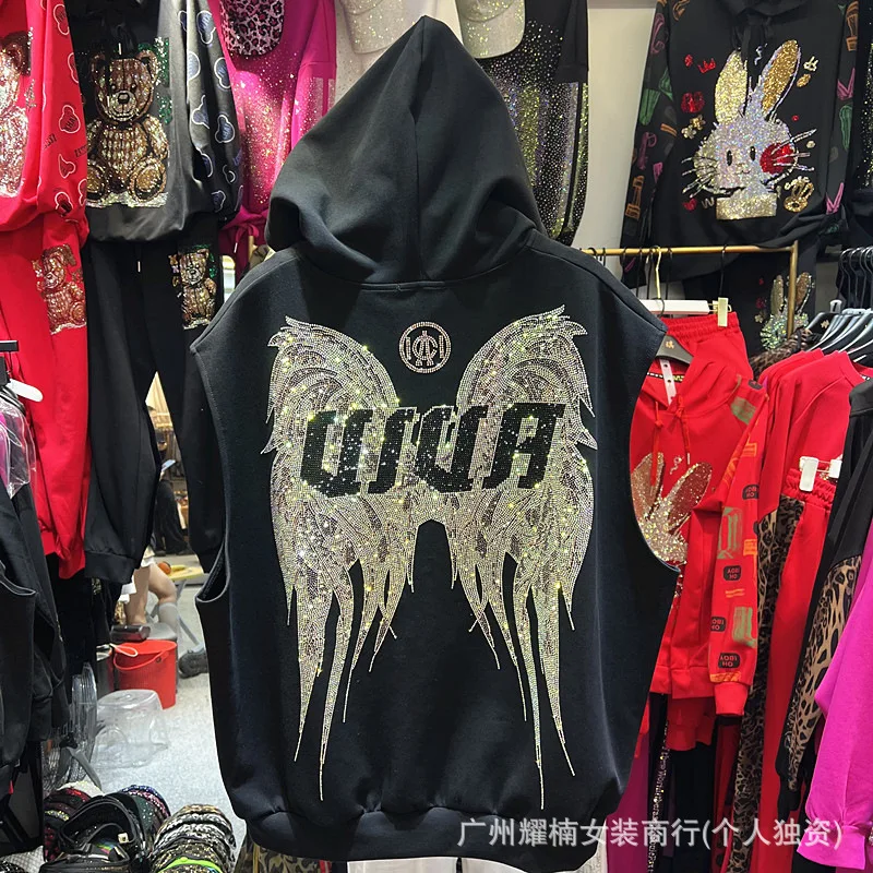 Fashionable New Autumn Handsome Sleeveless Hooded Jacket Loose Zip Cardigans Coat Luxury Wings Hot Diamonds All-match Women Vest