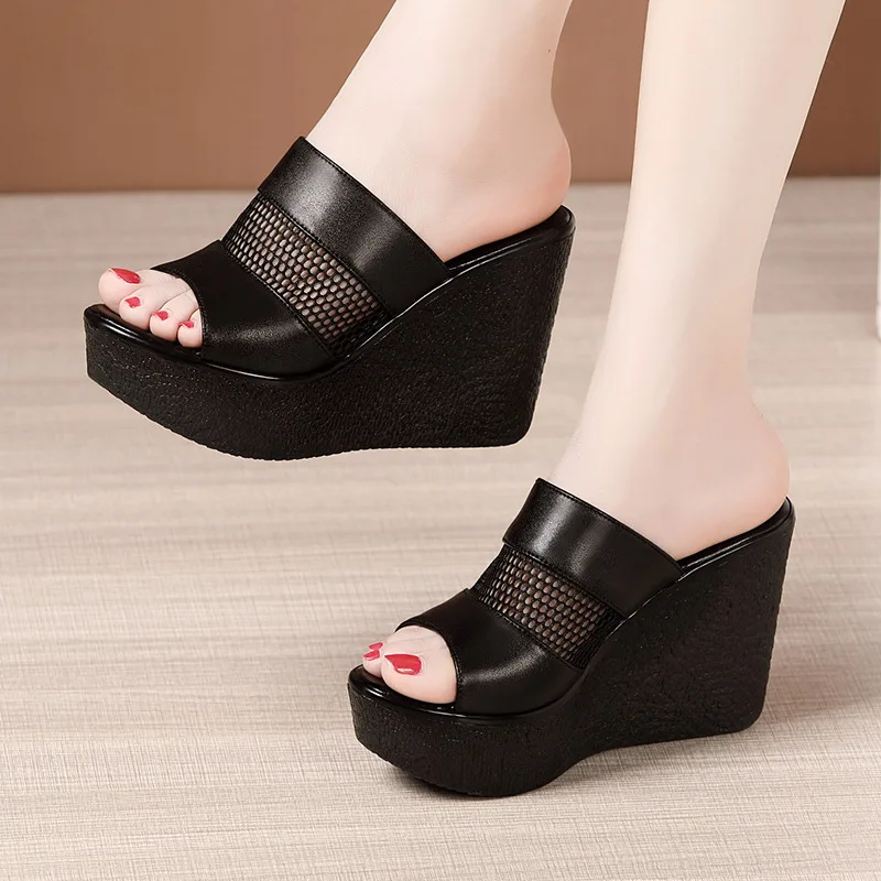 Plus Size 32-43 High Heels Slippers Women Wedding Shoes Summer 2024 Cutout Platform Wedges Slides Ladies Slippers for Office
