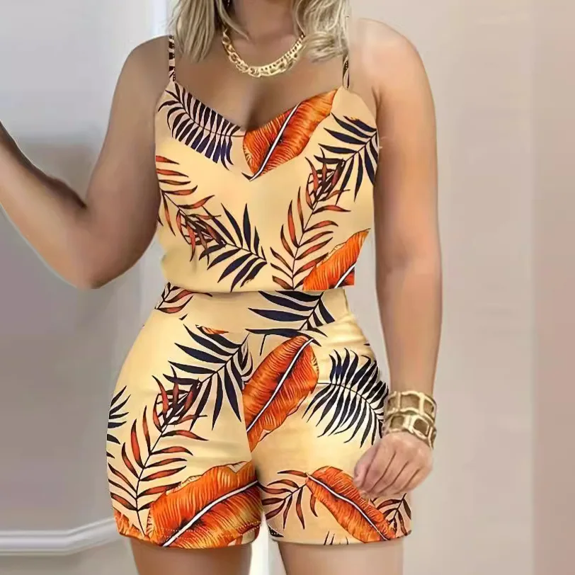 Women's Summer 2PCS Outfit Sets Print Sleeveless Sling Crop Tops+ Casual Shorts Female Beach Matching Sets Casual Daily Outfits