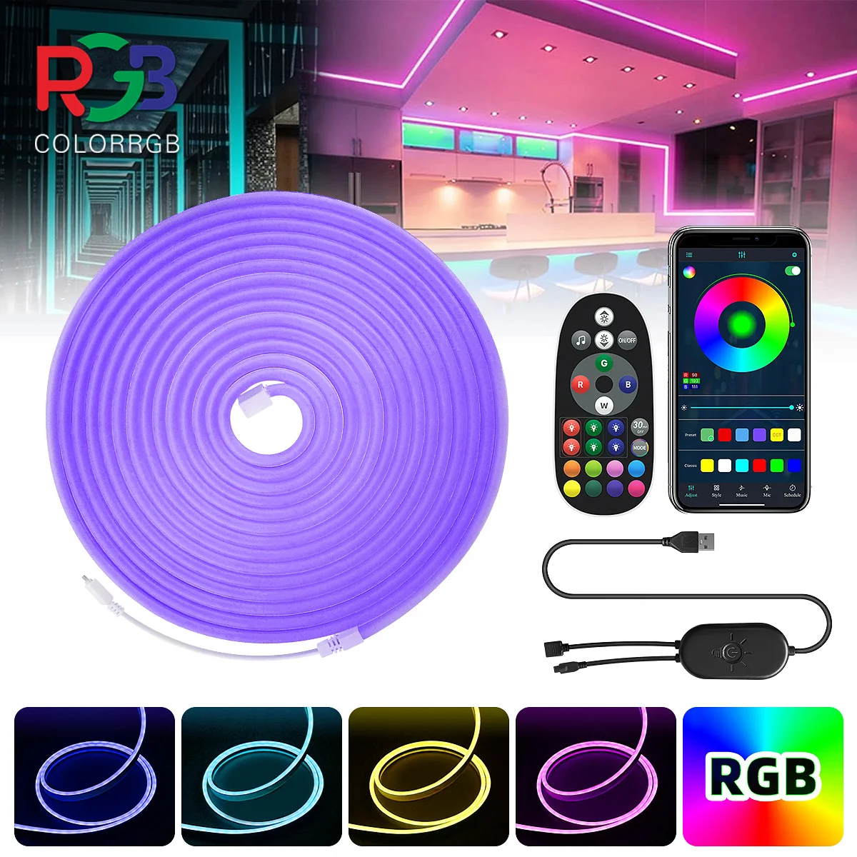 Fita LED RGB NEON, alimentada por USB, sistema de música, 5m, 10m Ip67