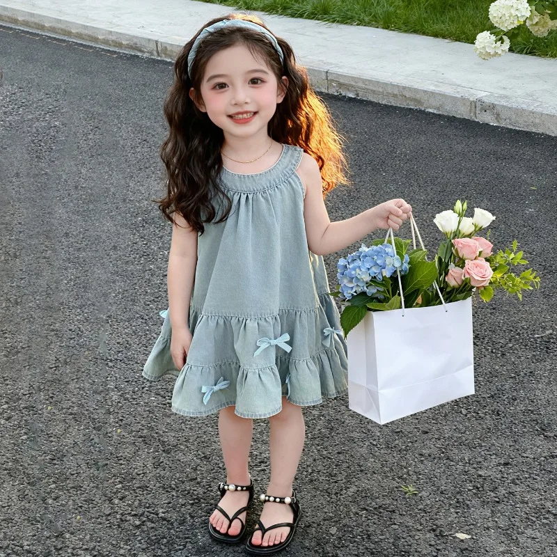 

Girls Summer 2026 New Bow Tie Denim Dress One Piece Hair Replacement Internet Famous Princess Dress Childrens Clothing
