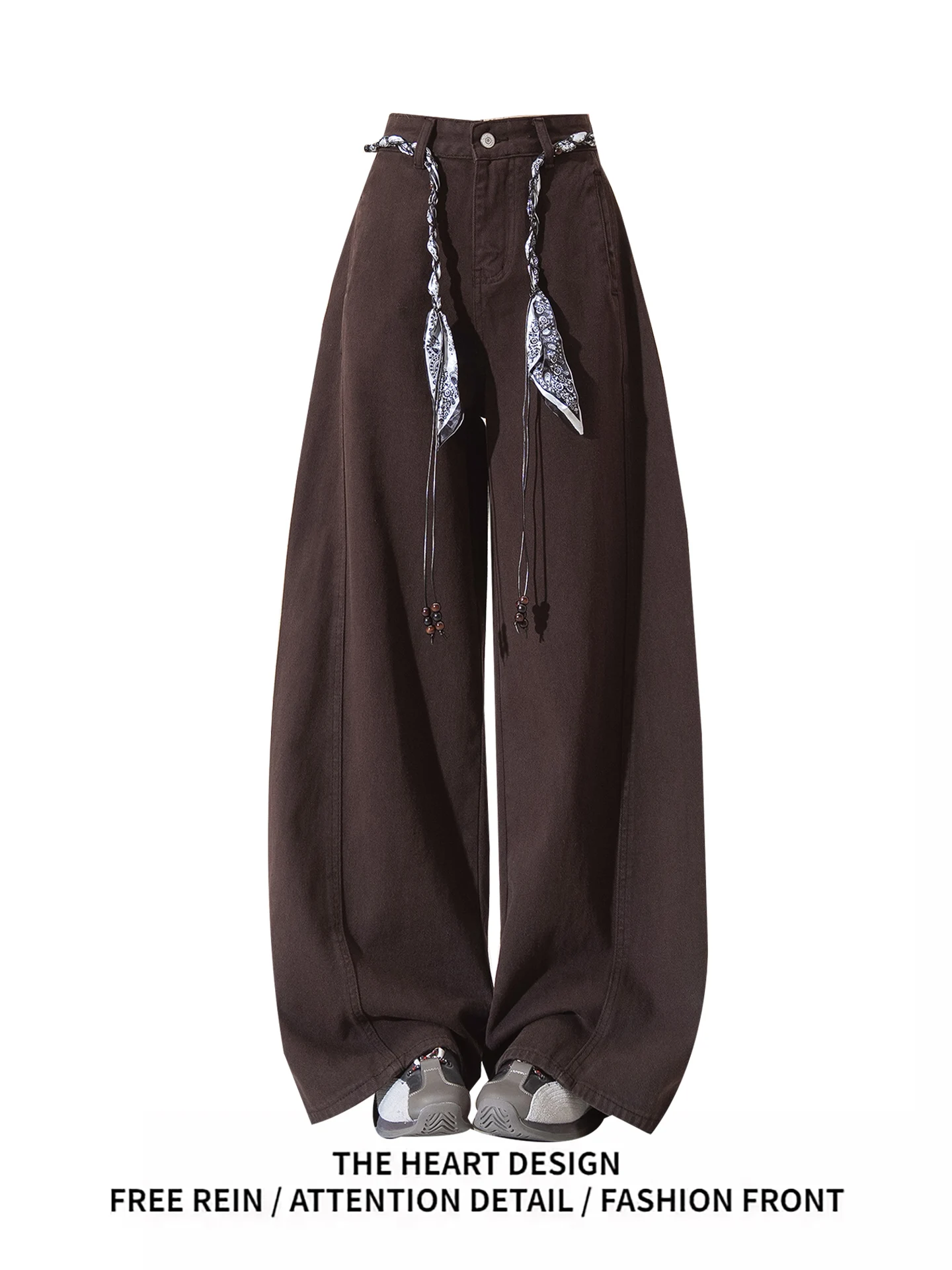 

Retro American Wide Leg Pants Women's High Waist Straight Cut Casual Floor Length Trousers Trendy Silk Belt Versatile