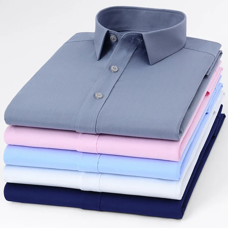 Bamboo fiber elastic long-sleeve shirts for men slim fit formal plian shirt soft office white shirt wrinkle free white clothes