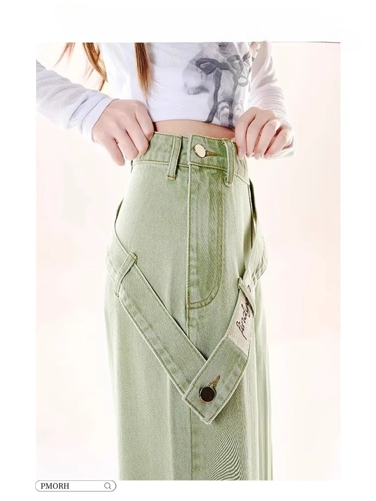 American style retro green side zipper jeans women's spring and summer design gradient loose fashion wide leg pants
