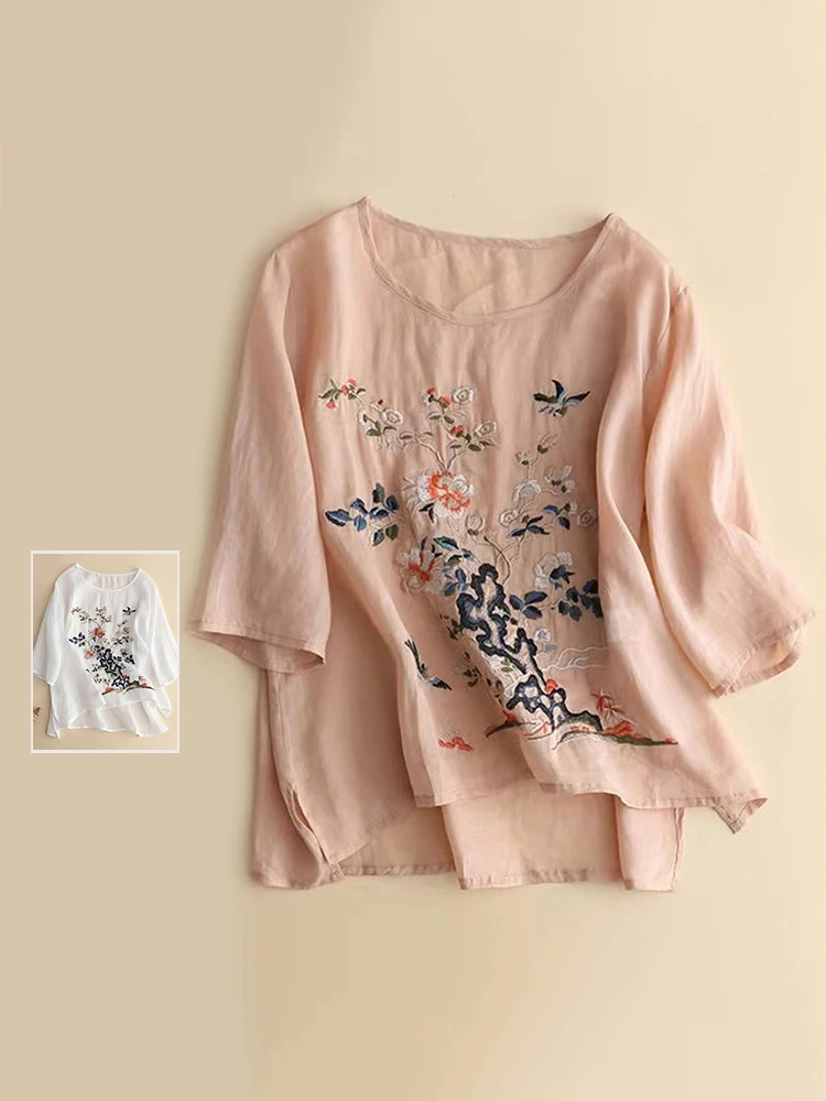 

Хлопково-льняная футболка с цветочной вышивкой в стиле ретро, женская футболка больших размеров f Sve с круглым асимметричным топом и разрезом, повседневный летний