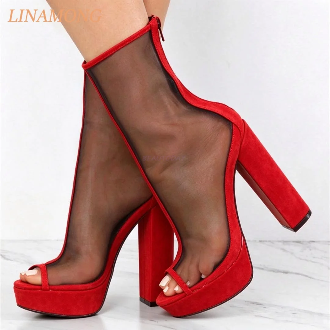 Women Peep Toe Mesh Ankle Booties See Through Upper Platform Block Heels Back Zipper Party Nightclub Trendy High Heel Footwear