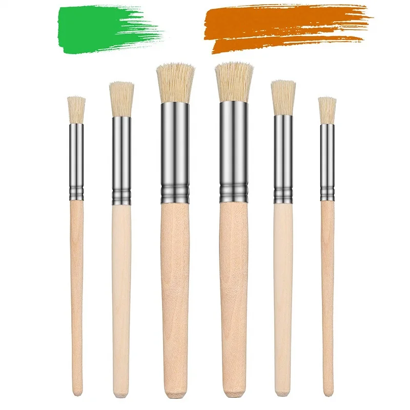 6pcs Wooden Stencil Brushes Pure Natural Stencil Hog Bristle Brushes Dome Art Painting Brushes Wood Paint Template Brush