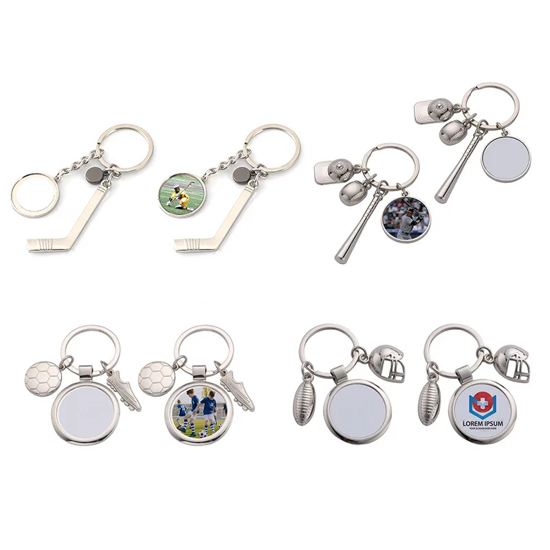 10pcs Sublimation Blank Creative Keychain Hockey Football Baseball Metal Keyring Thermal Transfer Schoolbag Pendant Tag