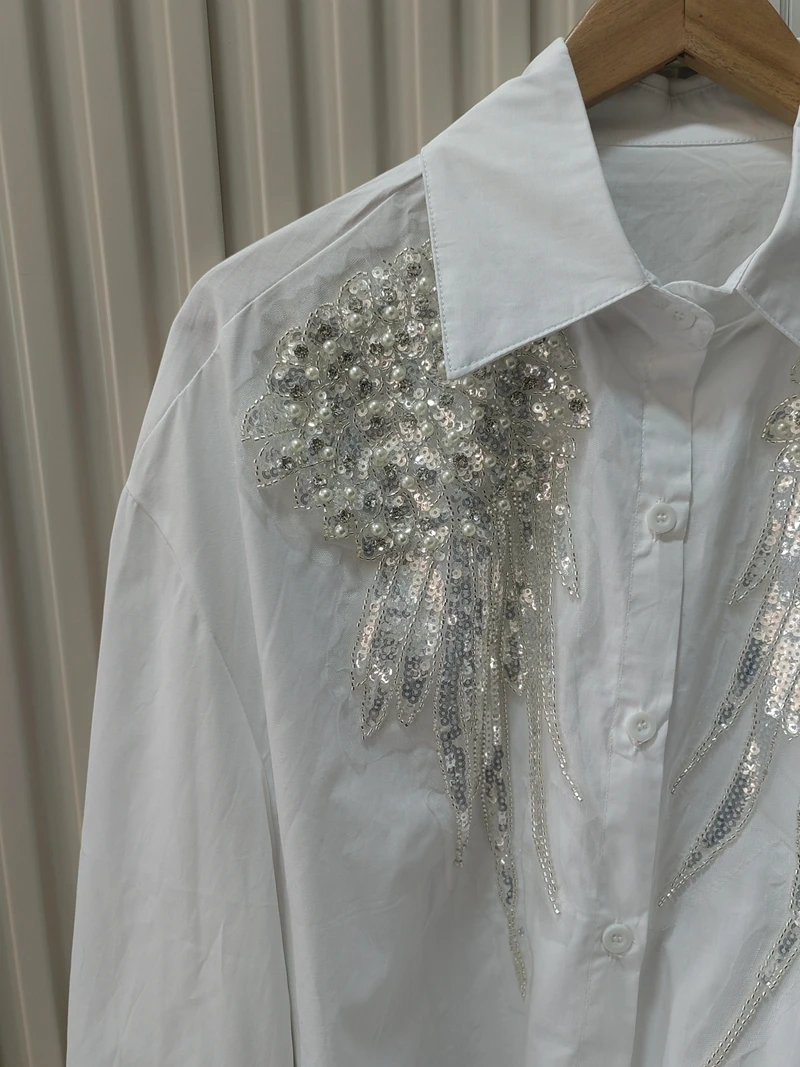 Real Photos Luxury Brand New Beaded Medium-length Loose Tops Heavy Diamond All-match Casual Fashion Shirts and Blouses